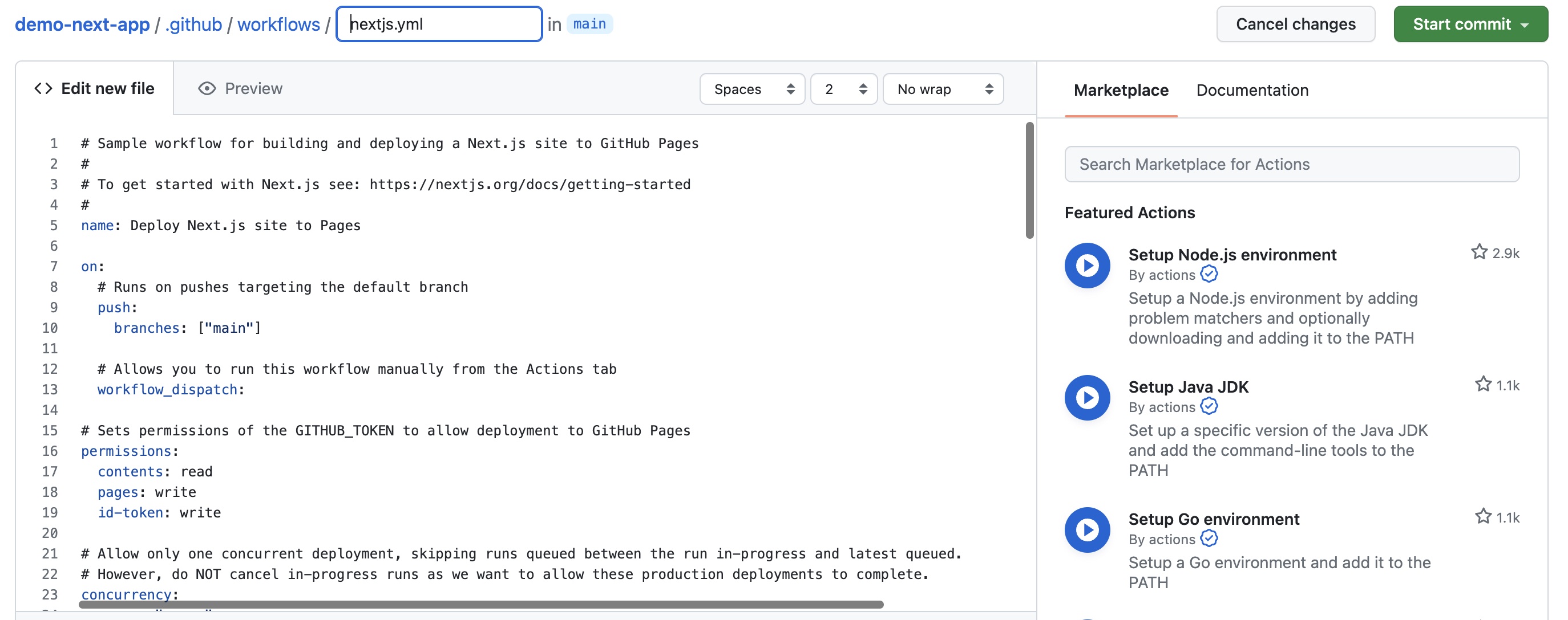 GitHub Actions Next.js script