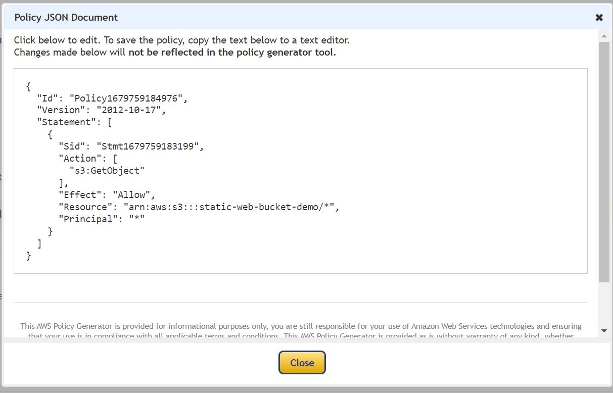 AWS Bucket Policy generated through UI