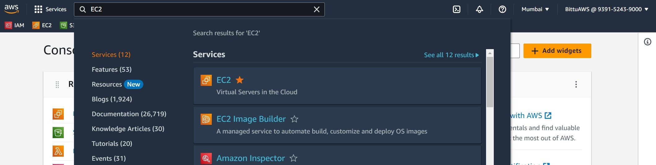 Search "EC2" service in AWS Console search bar